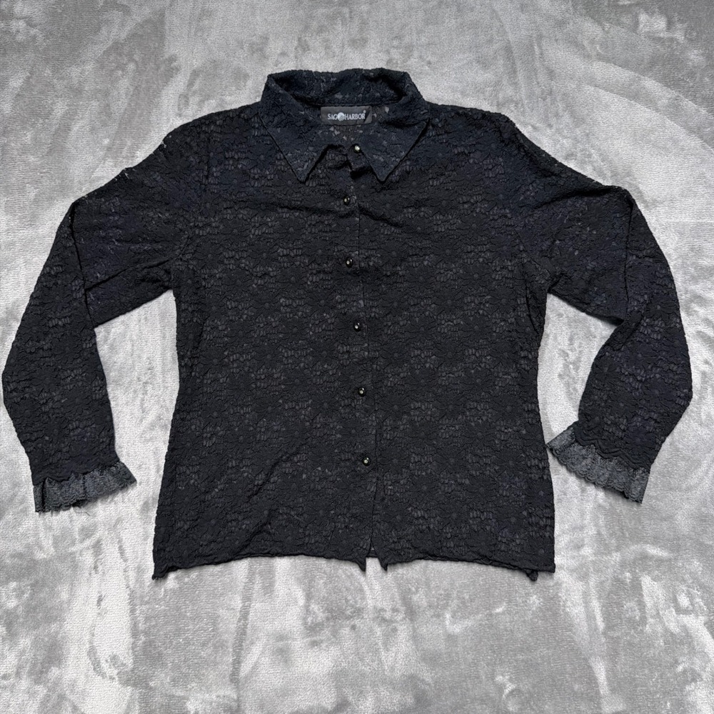Sag Harbor Lace Shirt Womens L Black Stretch Long Sleeve Floral Sheer Whimsigoth